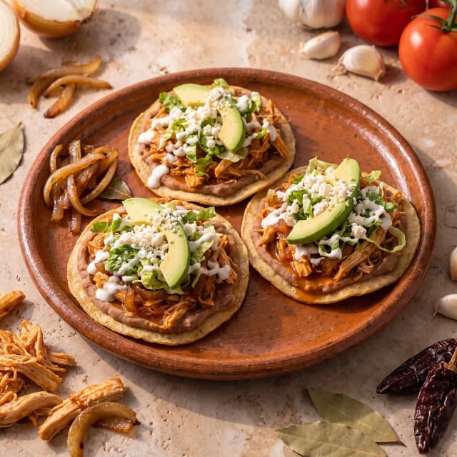 Tostadas de tinga con cebolla bien dorada