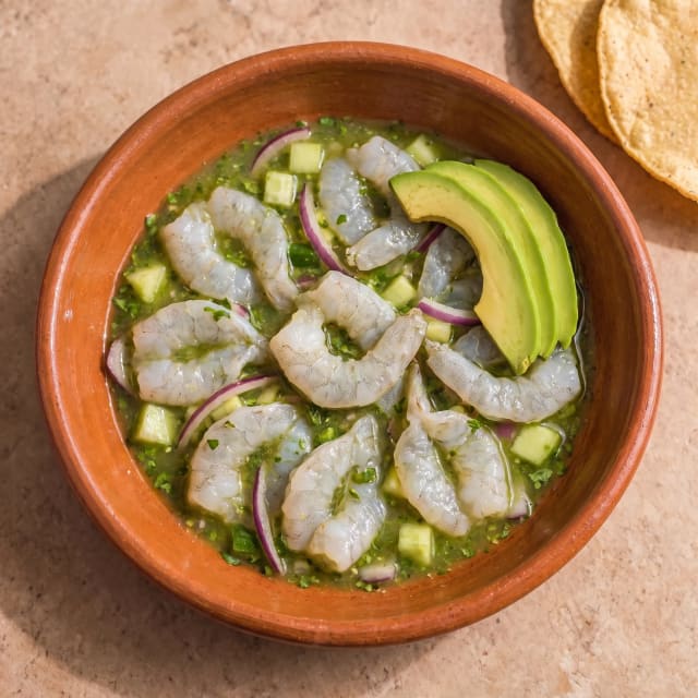 Aguachile verde, camarón firme y tierno