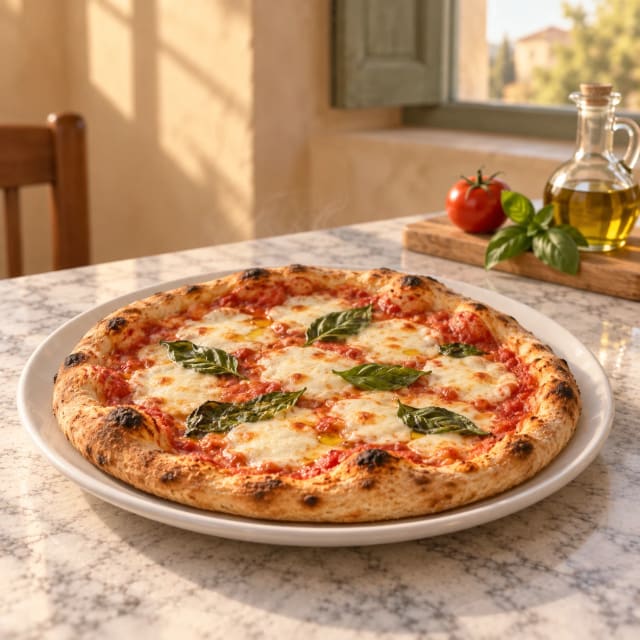 Pizza margarita crujiente en horno de casa