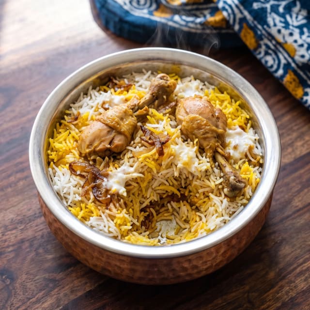 Biryani de pollo con el arroz en capas