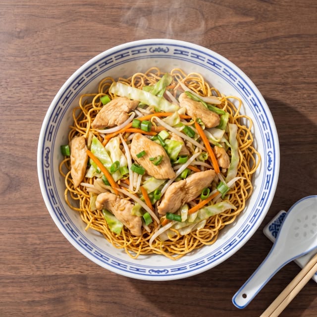 Chow mein con el fideo dorado por debajo