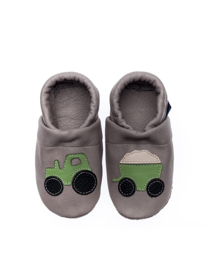 Kinder Schuhe | Hausschuhe / Lederpuschen mit Traktor in Grau / Apfelgrün - DO82922