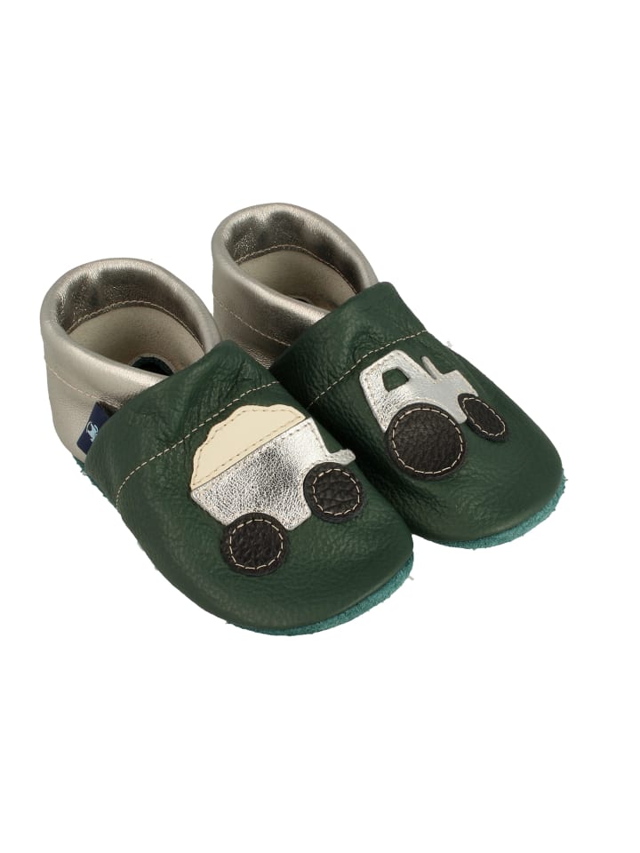 Babys Schuhe | Krabbelschuhe / Lederpuschen mit Traktor in Grün / Silber - HX74206