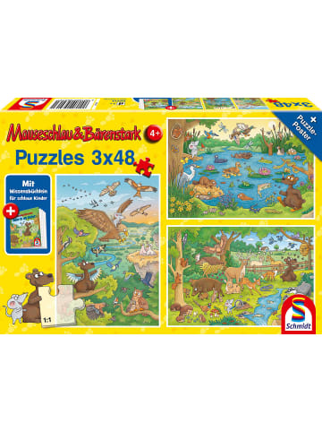 Schmidt Spiele Puzzle Mauseschlau & Bärenstark Reise in die Natur, 3x48 Teile, mit Add-on...