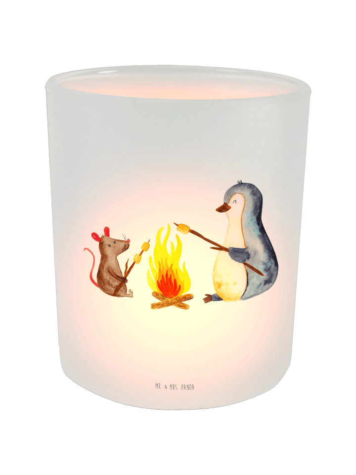 Teelichthalter Glas Pinguin Lagerfeuer ohne Spruch in Transparent