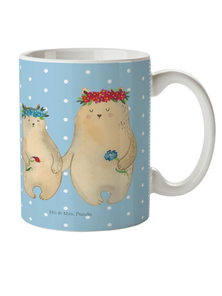 Kaffeetasse Bären mit Blumenkranz ohne Spruch in Blau Pastell