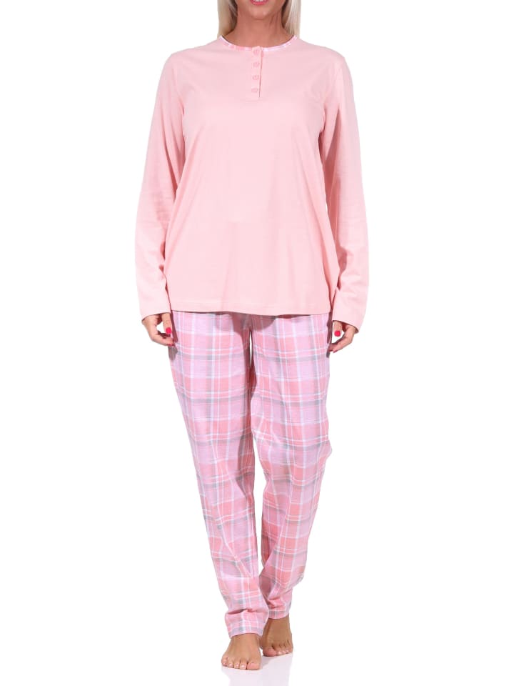 Pyjama langarm Schlafanzug Karohose und Knopfleiste am Hals - 69252 in rosa