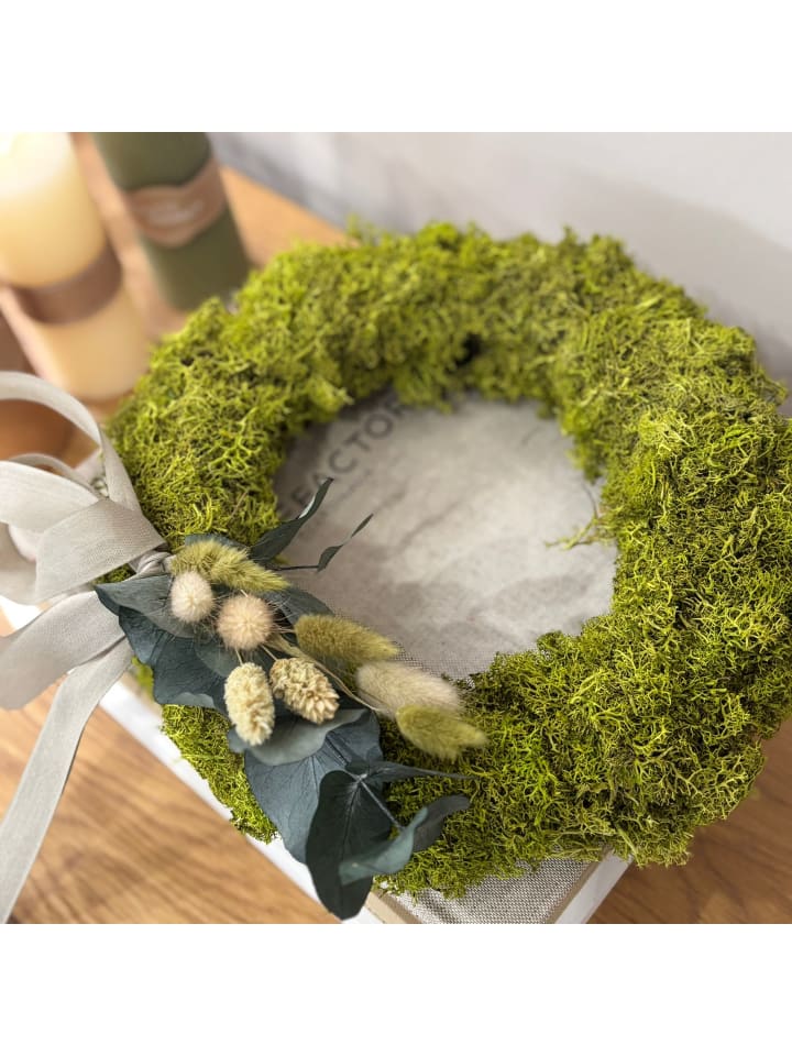 Trockenblumen Isländischer Reindeermooskranz mit Gesteck in Grün - Ø 35 cm