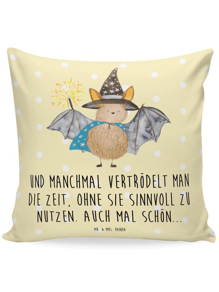 Kissen Fledermaus Zauberer mit Spruch in Gelb Pastell