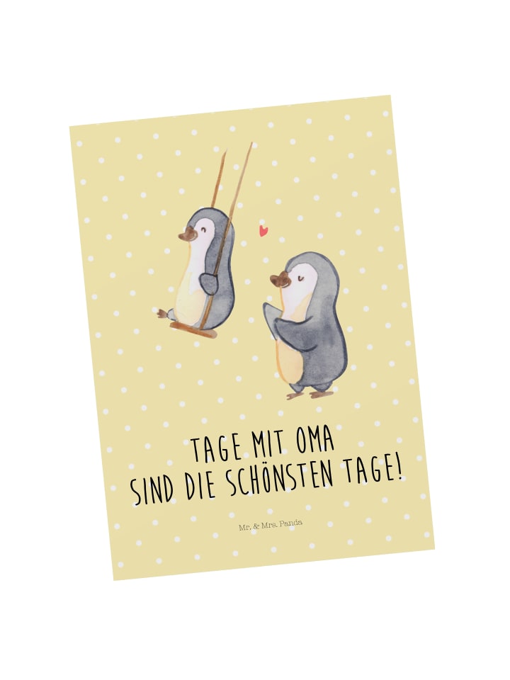 Postkarte Pinguin Oma schaukeln mit Spruch in Gelb Pastell