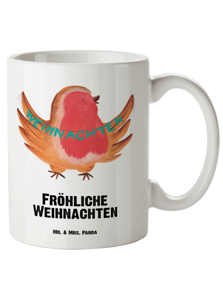 Kaffeetasse Rotkehlchen Weihnachten mit Spruch in Weiß