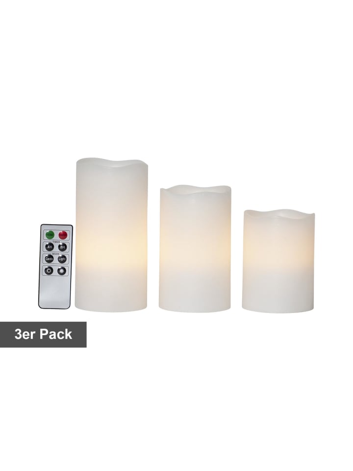 LED Blockkerzen May, Batterie und Timer, Echtwachs, weiß, 3er-Set