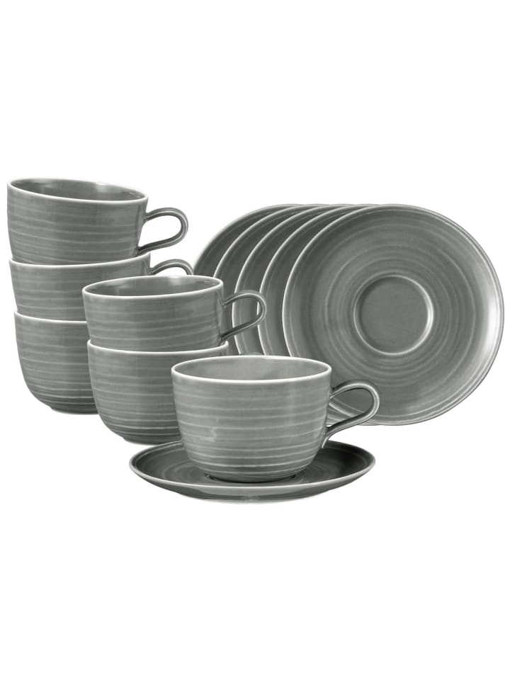 6er Set Milchkaffeetassen mit Untertassen Terra in 400 ml in Perlgrau