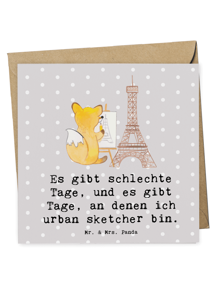 Doppelkarte Fuchs Urban sketching mit Spruch in Grau Pastell