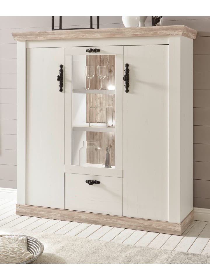 Highboard Pinie weiß, Oslo Pinie Landhaus, Kommode, 140 x 146 cm