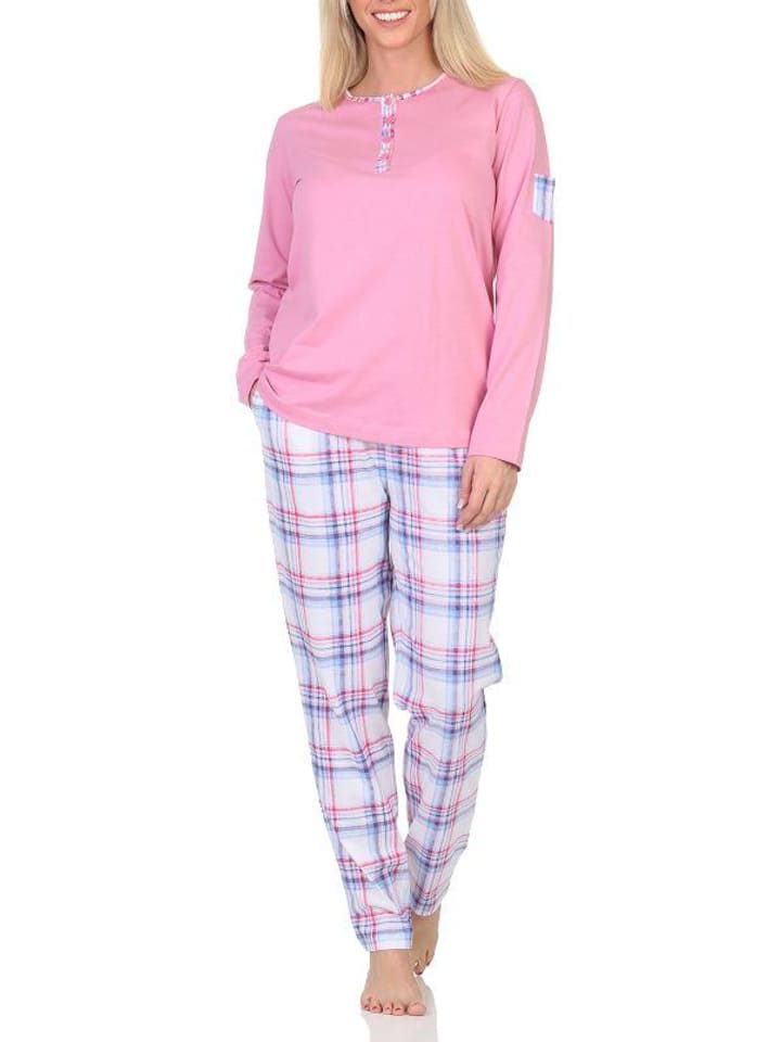 Schlafanzug langarm Pyjama karierter Hose Jersey - 84742 in rosa