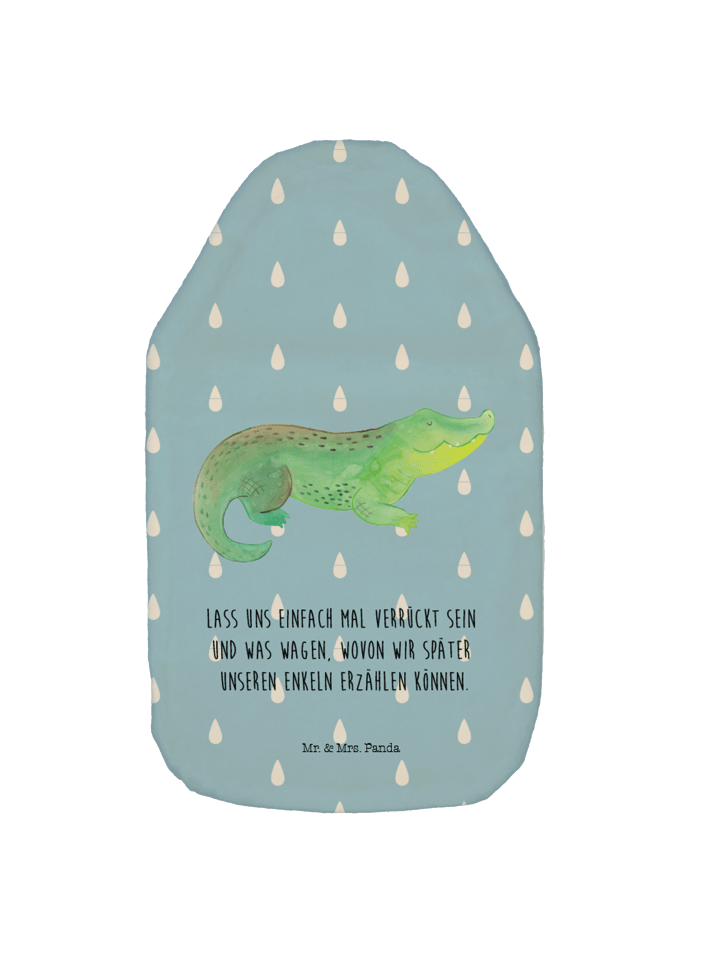Wärmflasche Krokodil mit Spruch in Blau Pastell