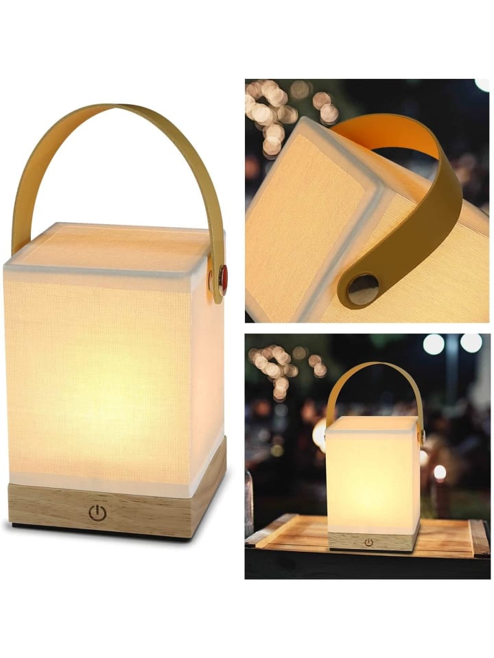 LED Tischleuchte in Beige Touch Dimmbar rechteckig Holz und Stoff Tragbar