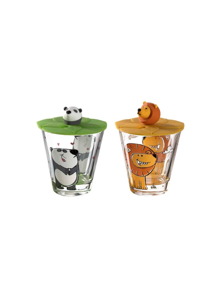 2er Set Kinderbecher mit Deckel Bambini in Löwe & Panda 215 ml