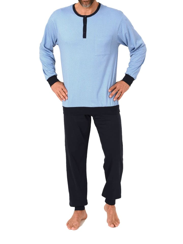 Langarm Schlafanzug Pyjama Bündchen Alloverprint 125 101 90 514 in hellblau