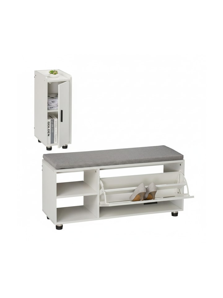 2-tlg. Schuhbank mit Schrank Set in Weiß/ Grau
