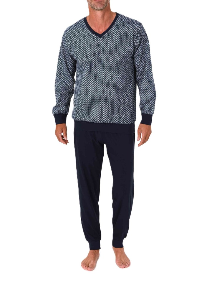 Langarm Schlafanzug Pyjama Bündchen V-Hals in blau