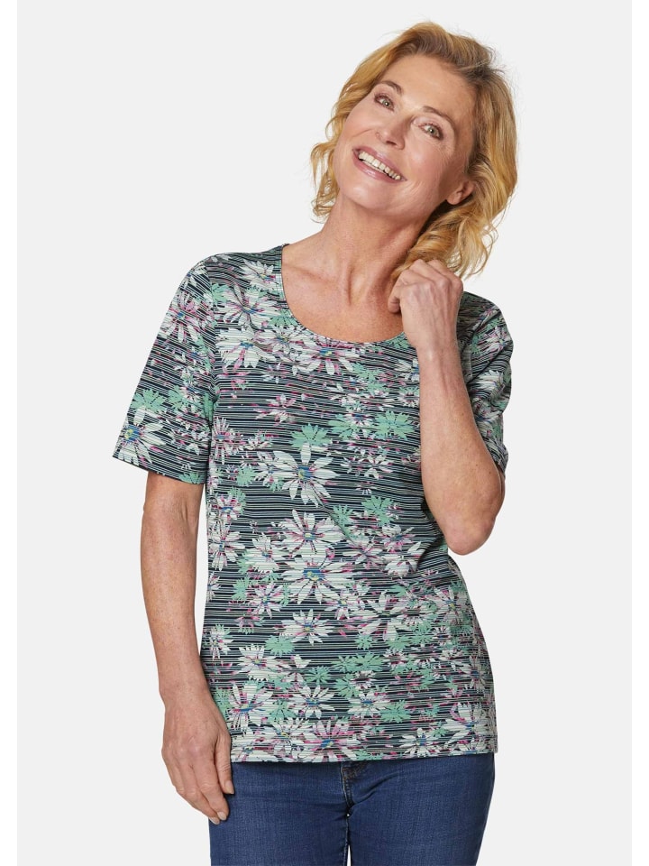 Streifenshirt mit Blumenmotiv in dunkelmarine / mint / gemustert