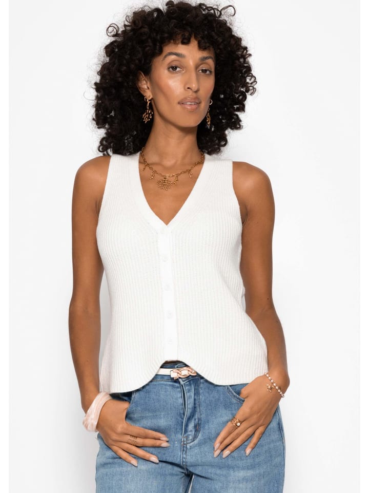 Strick-Top mit Knopfleiste und tiefem V-Ausschnitt in Offwhite