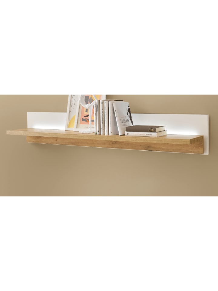 Wandboard weiß matt, Eiche Wotan 150 cm, Wandregal inklusive Beleuchtung