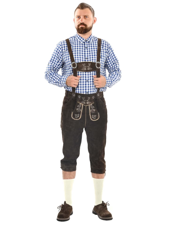 A. Salvarini Herren Trachten Lederhose Kniebundlederhose AS450 in Dunkelbraun