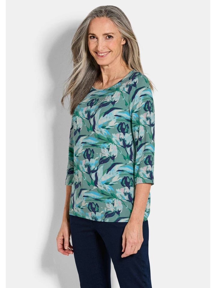 Viskoseshirt floral, U-Boot-Ausschnitt in marine / gemustert