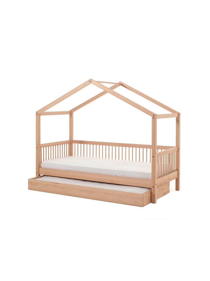 HAUSBETT Kelci 90x200 mit Bettschublade und Dach Buche massiv natur