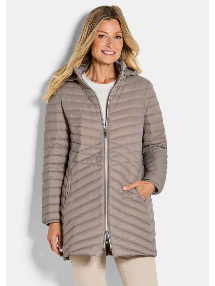 Gefütterter langer Mantel mit Kapuze in taupe
