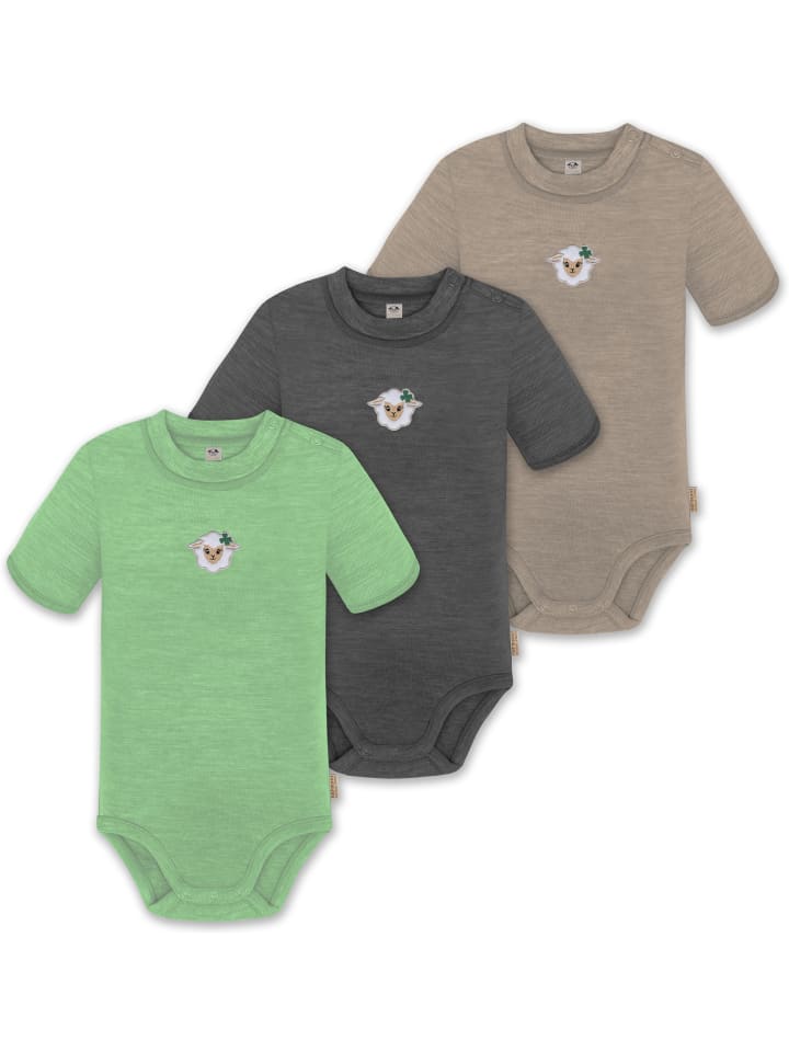 3er Set Unisex Baby Merino Kurzarm-Strampler Kurzarm Body mit Knopf in Beige/Anthrazit/Grün