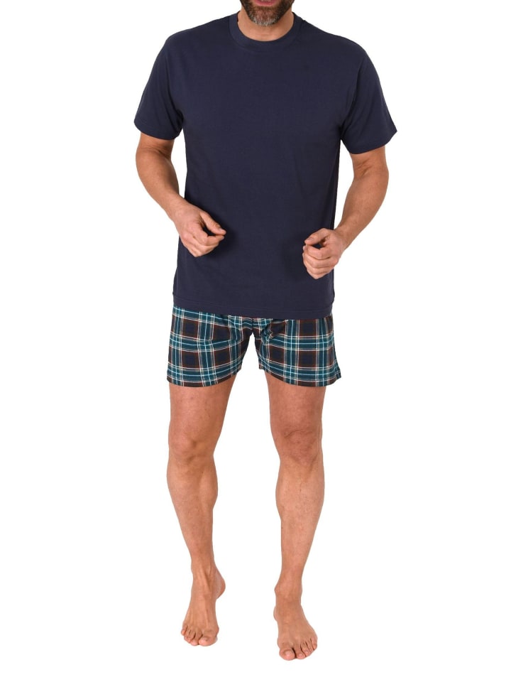 Schlafanzug kurzarm Shorty mit karierter Jersey Hose - 86249 in marine