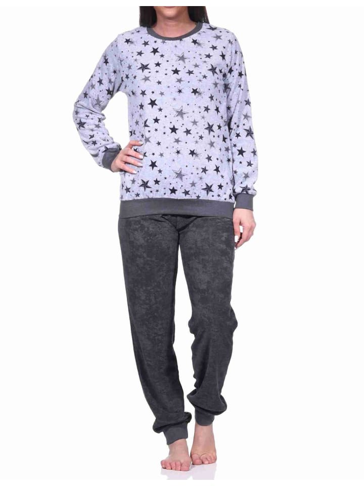 Frottee Pyjama Schlafanzug Bündchen Sterne Design - 69383 in Grau