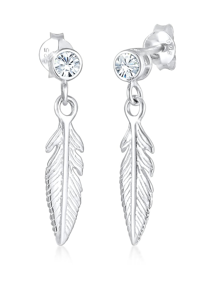 Ohrringe 925 Sterling Silber Boho, Feder in Weiß