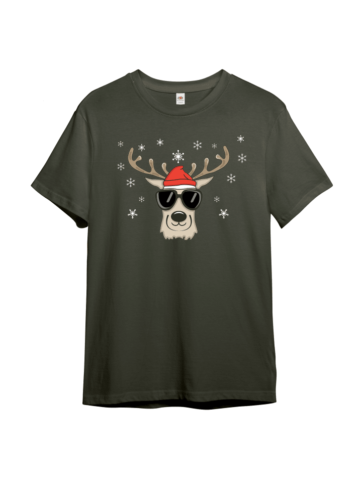 Herren T-Shirt, Weihnachtshirsch mit Brille und Mütze in Olive
