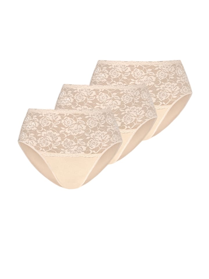 3er Pack: Hohe Taille Baumwollslip mit Spitze Violetta in beige