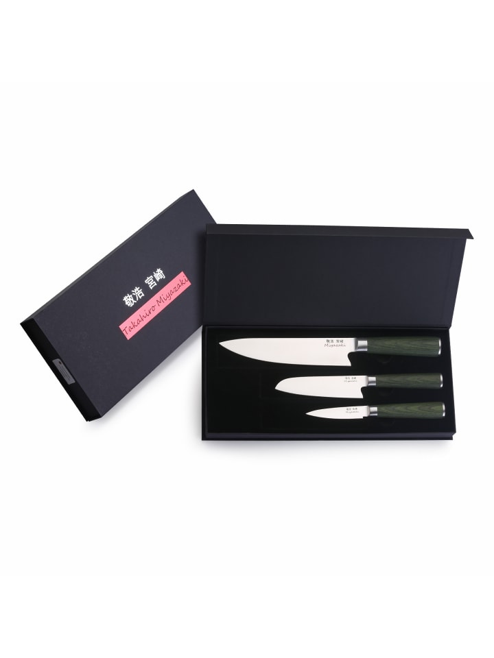 Miyazaki Kodawari 3 tlg. Kochmesser set , Griff aus Pakkaholz grün