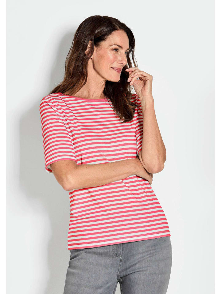 Kurzgröße: Stilvolles Streifenshirt für Damen in koralle / weiß / geringelt