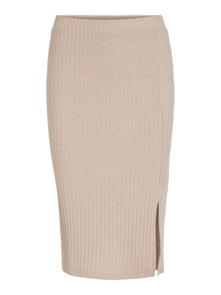 Gerippter Jersey Bleistift Rock High Waist Midi Skirt in Beige
