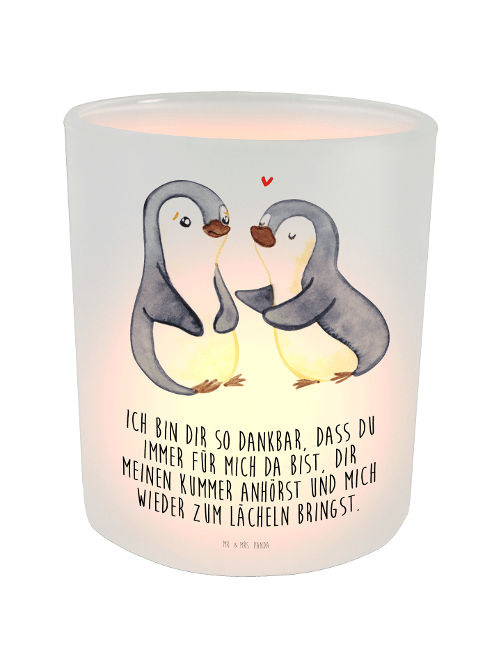 Teelichthalter Glas Pinguine trösten mit Spruch in Transparent