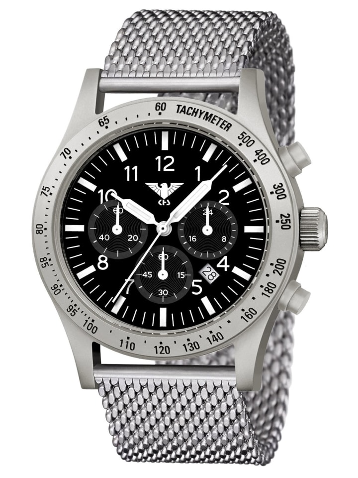 Herren-Armbanduhr Platoon Solar Chronograph Stahl Meshband Schwarz / Silber