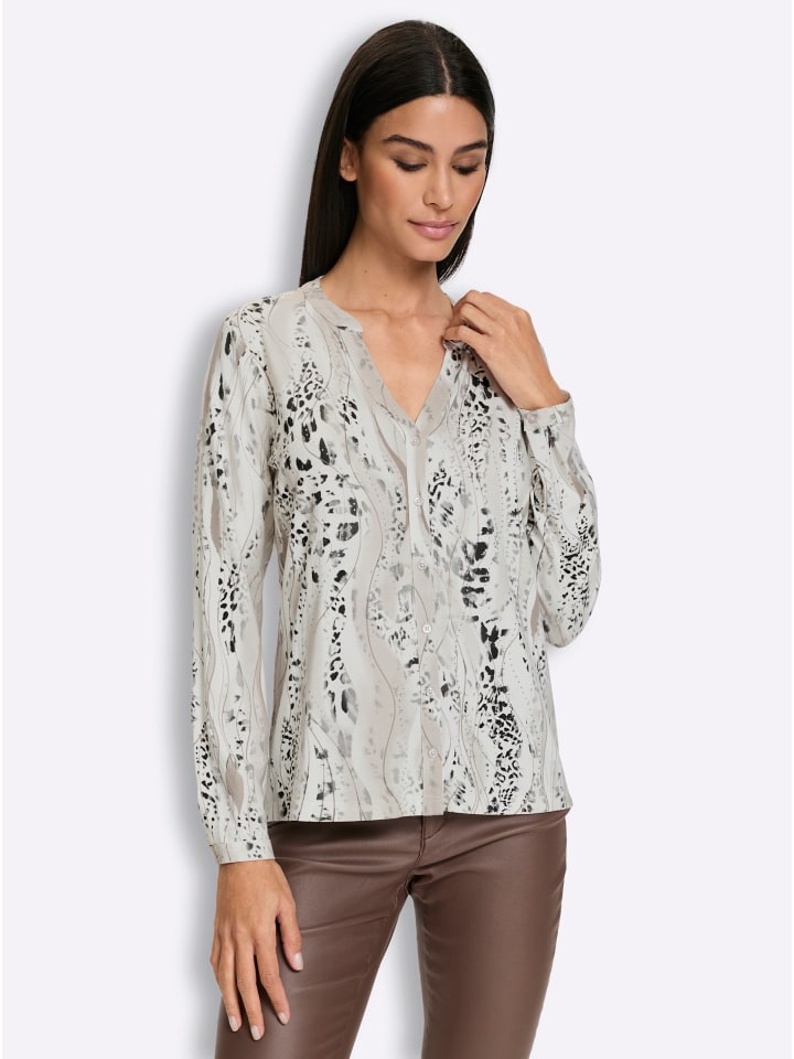 Jersey-Bluse in hellgrau-ecru-bedruckt