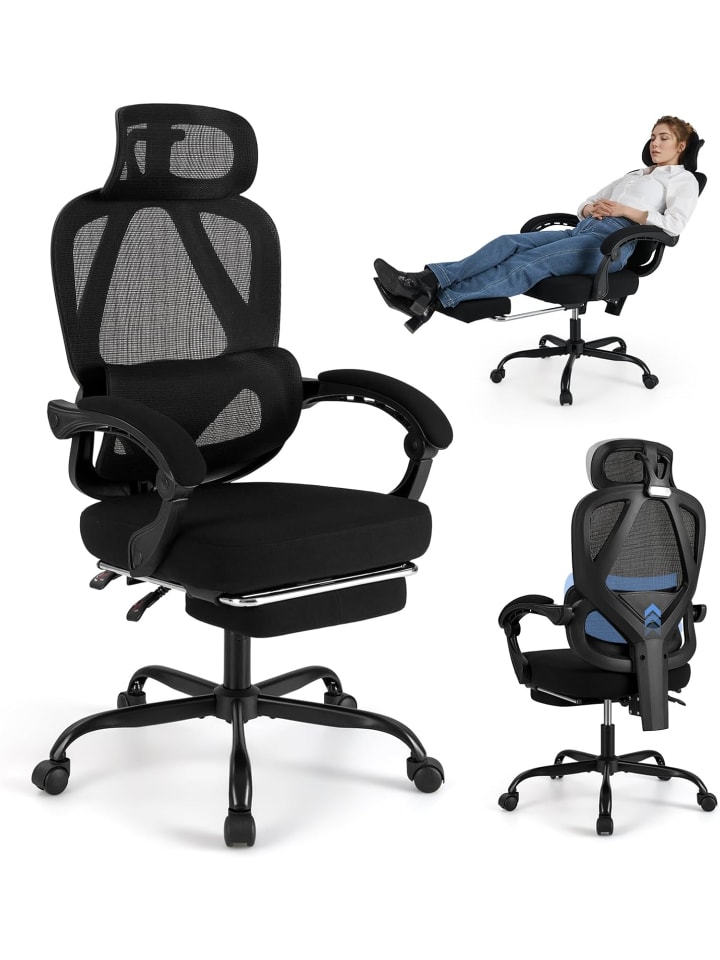 Bürostuhl ergonomisch mit einziehbarer Fußstütze in Schwarz