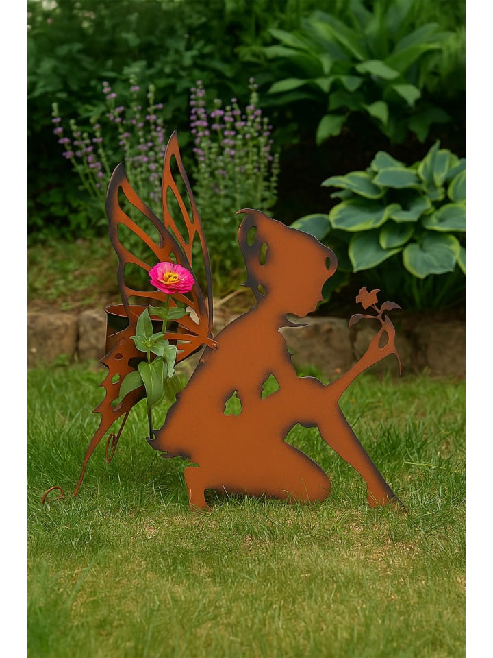 Gartendekoration mit Pflanztop Elfe knieend in rost