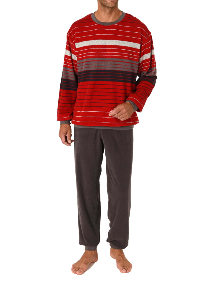 Frottee Schlafanzug Pyjama langarm Bündchen StreifenLook - 75432 in rot