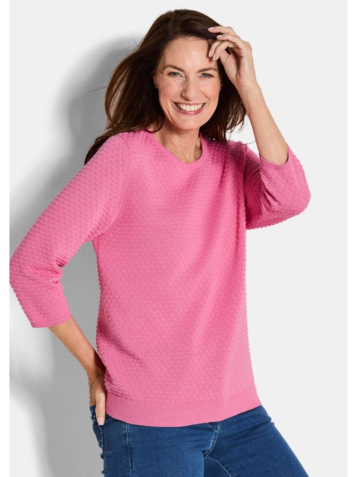 Kurzgröße: Halbarm Baumwollpullover mit Struktur in pink