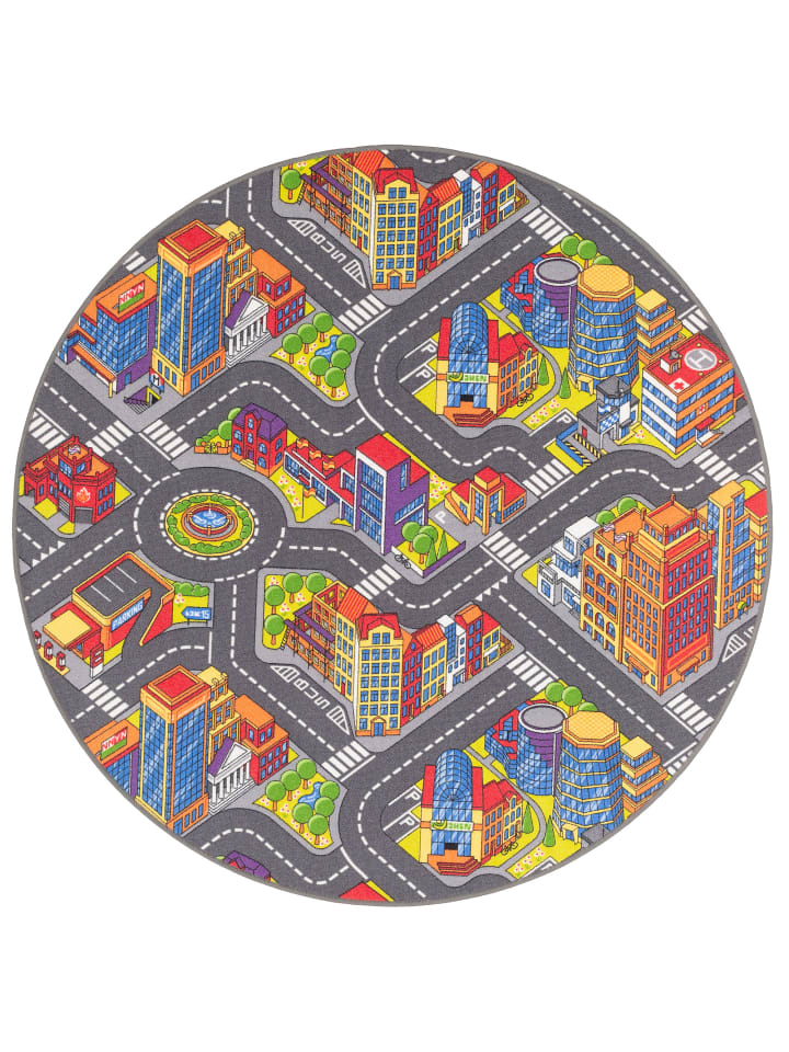 Kinderteppich Big City 3D Rund in bunt